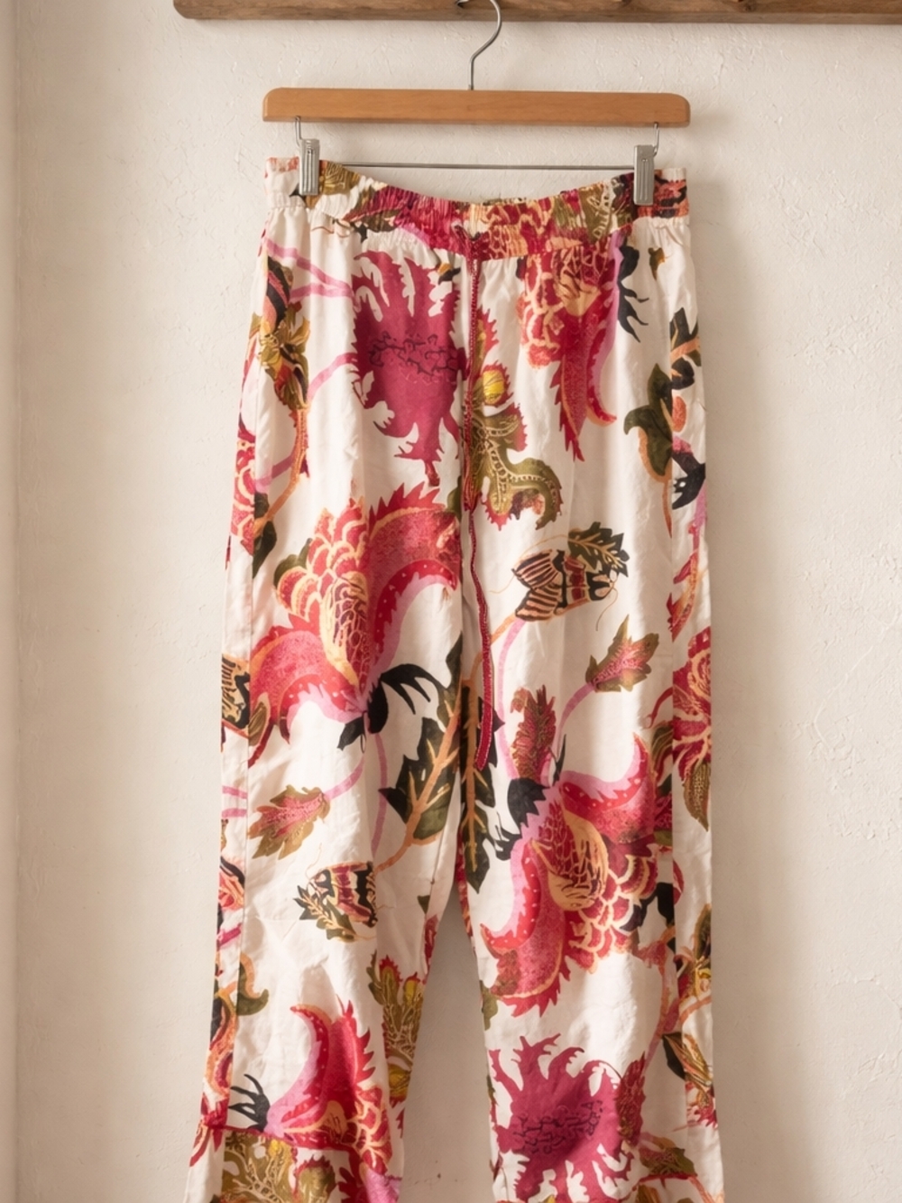 Anthropologie White Wide-Leg Pants with Pink Floral Print